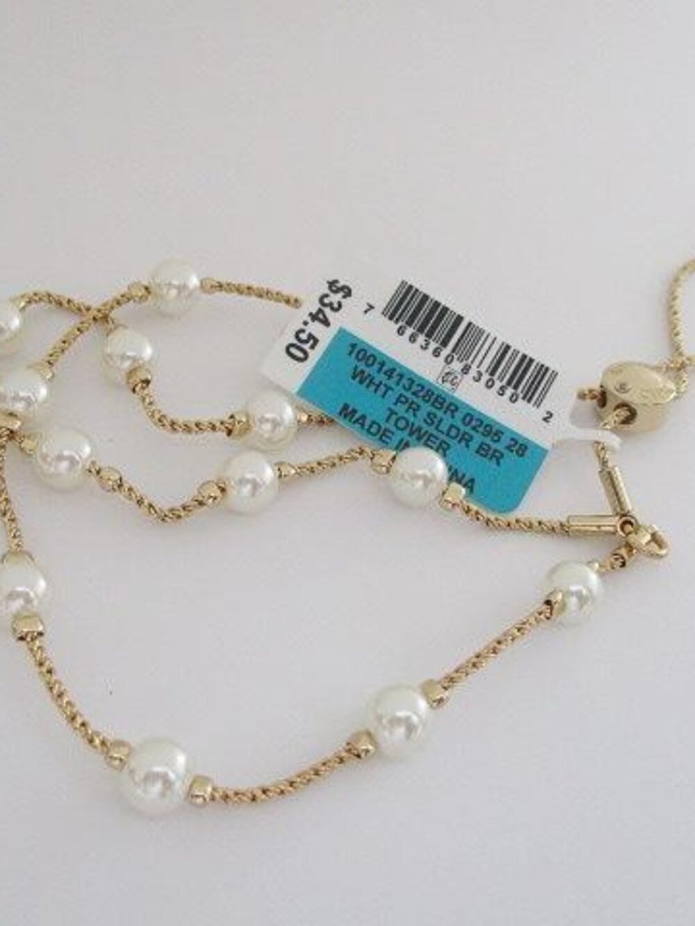 Gold Tone White Pearl Adjustable Slider Bolo Bracelet NWT